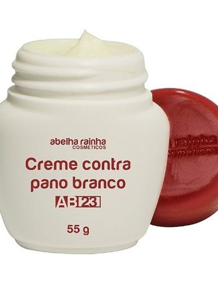 creme contra pano branco abelha rainha ab23 55g. Auxilia a recuperação da pele afetada pelo Malassezia furfur, fungo causador da micose denominada pano branco.