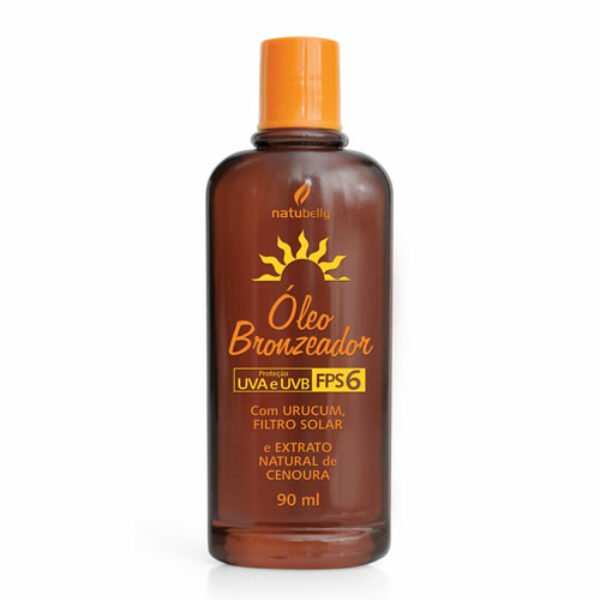 Óleo Bronzeador com Urucum e Filtro Solar FPS 6 - 90 ml Proporciona à pele uma cor bonita e saudável.