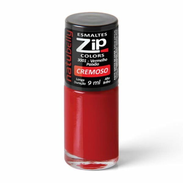 Esmalte Zip Colors Vermelho Paixão - 9 ml Desenvolvido com tecnologia que proporciona secagem rápida e longa duração com alto padrão em cor e brilho. Embalagem bonita e prática com pincel em formato de trincha que facilita a aplicação com uniformidade.