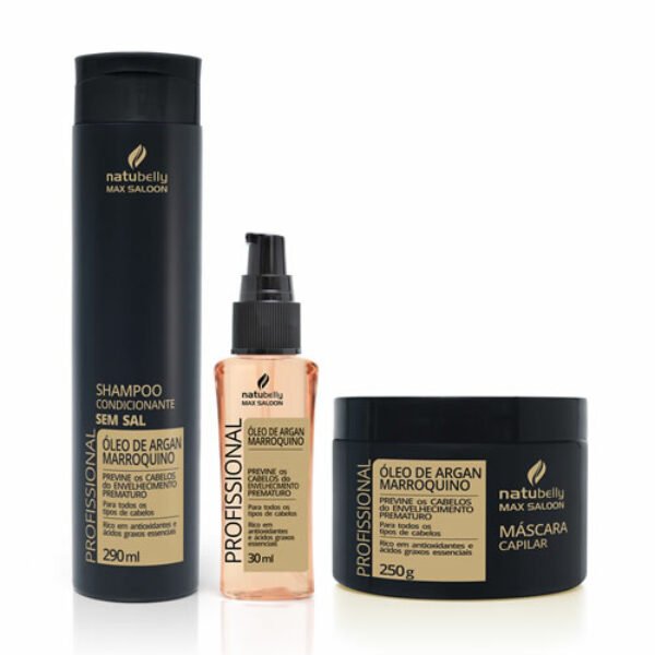 Kit Argan Marroquino Profissional - Shampoo, Máscara e Óleo de Argan. Os produtos da linha Óleo de Argan Marroquino foram desenvolvidos de formar diferenciada para o tratamento dos cabelos com qualidade profissional. O tratamento é iniciado desde o momento da lavagem, finalizando com cuidado especial da máscara que restaura os cabelos danificados e fragilizados por procedimentos químicos. É um ativo muito eficaz no tratamento de cabelos danificados, capaz de nutrir e reestruturar, além de proteger de danos térmicos.