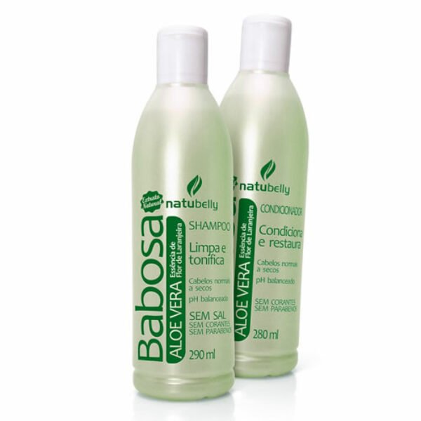 Kit Babosa 280ml A babosa conhecida também como Aloe Vera é excelente emoliente para o cabelo. É uma planta riquíssima em vitaminas, proteínas e enzimas. É suavizante, amaciante, lubrificante e restauradora, hidratante, fortificante, estimulante capilar e regenerante. A Linha Babosa Natubelly é elaborada com extrato natural das folhas de Aloe Vera. Possui proteínas que auxiliam na hidratação e melhora na textura da fibra capilar, proporcionando brilho, maciez e condicionamento aos cabelos. Ph balanceado, sem sal, sem corantes e sem parabenos.