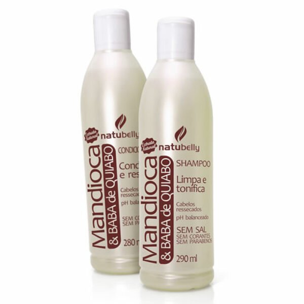 Kit Mandioca & Baba de Quiabo - 280ml Hidratação especial para os cabelos Shampoo Mandioca Sem sal, sem parabenos - 290 ml Condicionador Mandioca sem parabenos - 280 ml Extratos 100% naturais! 