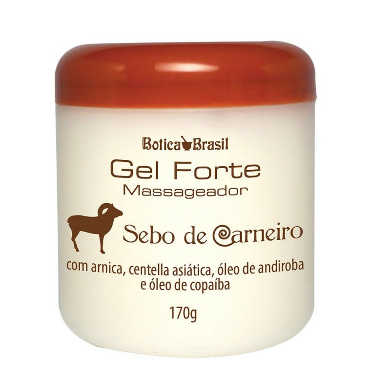 Gel Forte Sebo de Carneiro 170g. Com ação das plantas terapêuticas arnica, andiroba, copaíba e centella asiática, proporciona alívio de cansaços e dores musculares.