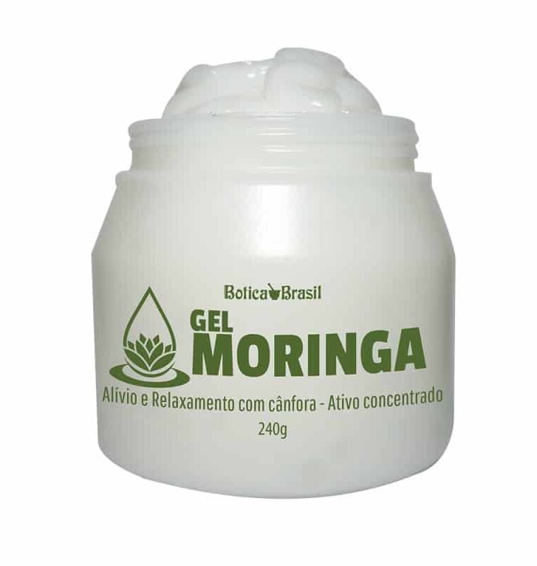 Gel com óleo de moringa. Auxilia no alívio e relaxamento em casos de dores musculares e articulares.