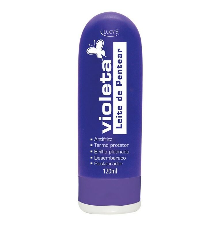 Leite para Pentear Violeta 120ml. Neutraliza os tons amarelados. Promove brilho platinado e nutrição aos fios. Com ação termoprotetora que facilita a escovação. Antifrizz e sem enxágue.