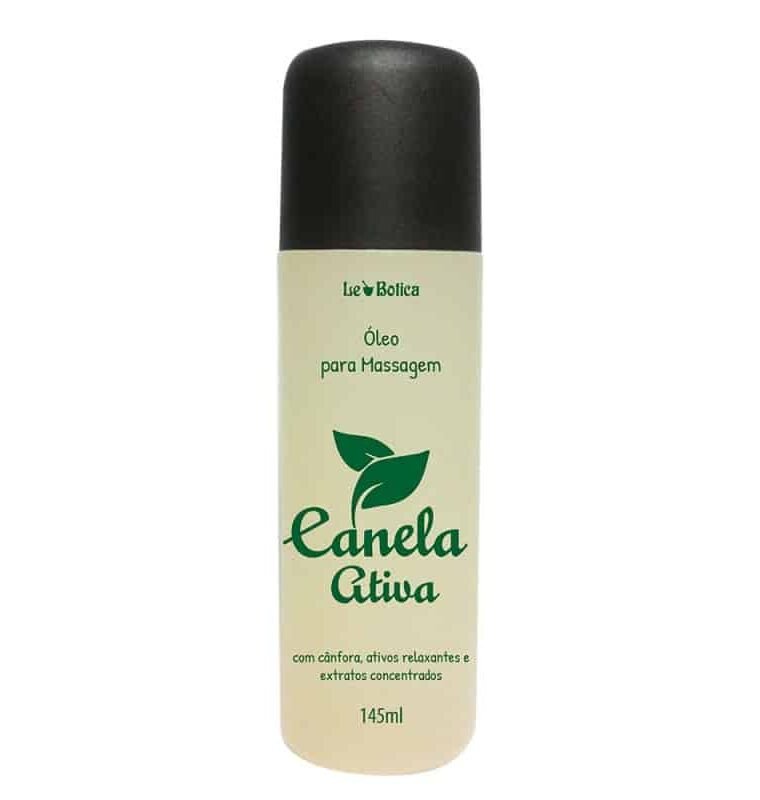 Óleo Canela Ativa 145ml com extrato natural de cânfora, ativos relaxantes e extratos concentrados. Proporciona alivio e bem-estar.