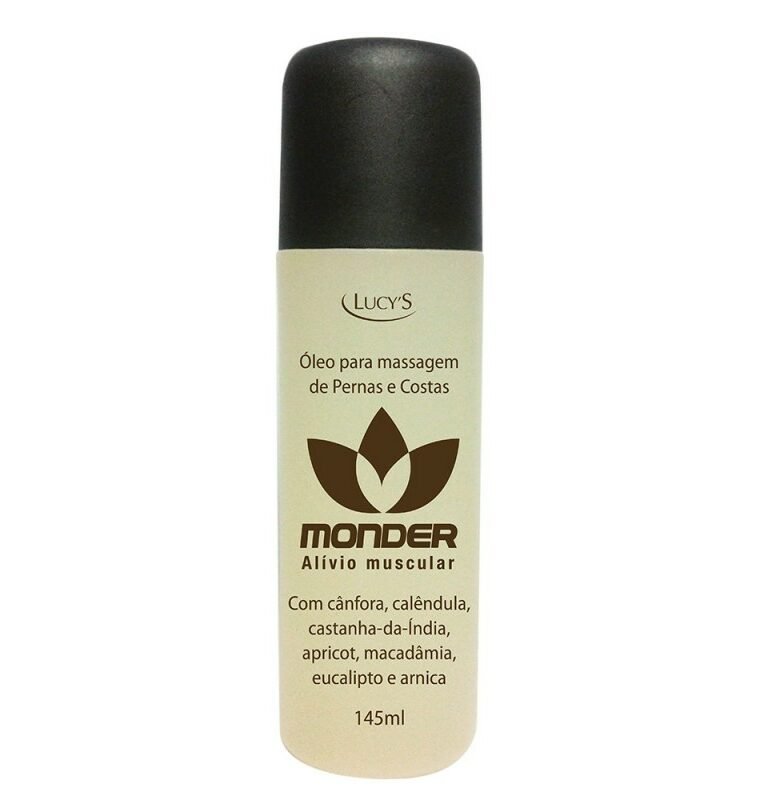 Óleo Monder para massagens de pernas e costas - 145ml. Com ativos de propriedade analgésica e refrescante. Possui calêndula, castanha da índia, apricot, macadâmia e eucalipto.